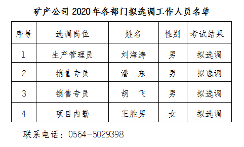 礦產(chǎn)公司各部門擬選調(diào)工作人員名單公示