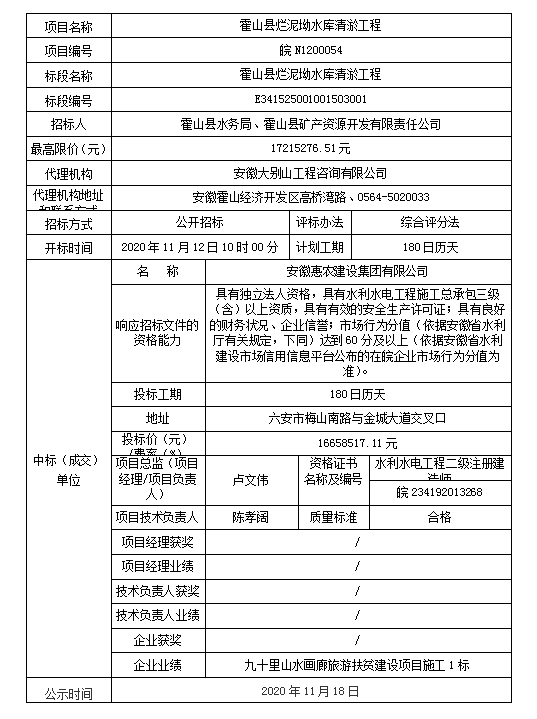 皖N1200054 霍山縣爛泥坳水庫(kù)清淤工程中標(biāo)結(jié)果公示