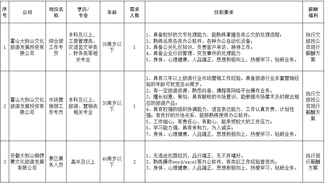 霍山大別山文化旅游發(fā)展投資有限公司公開招聘臨時工作人員公告