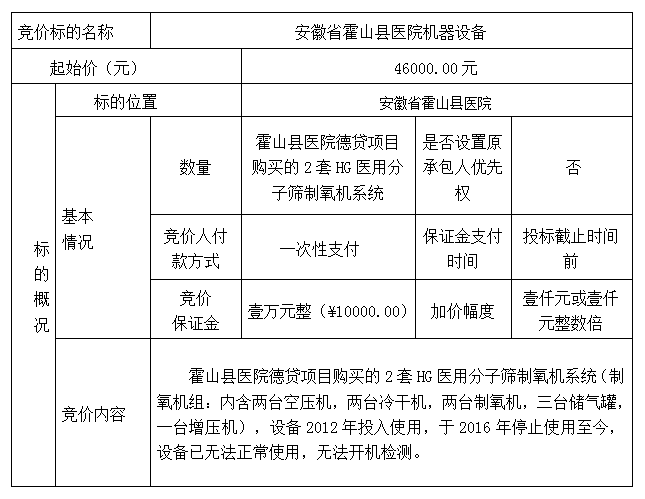 DBSXS-2024-001 安徽省霍山縣醫(yī)院機器設(shè)備競價銷售公告